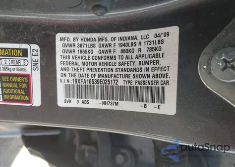 2009 Honda Civic Lx from USA, damaged, VIN 19XFA16539E025172